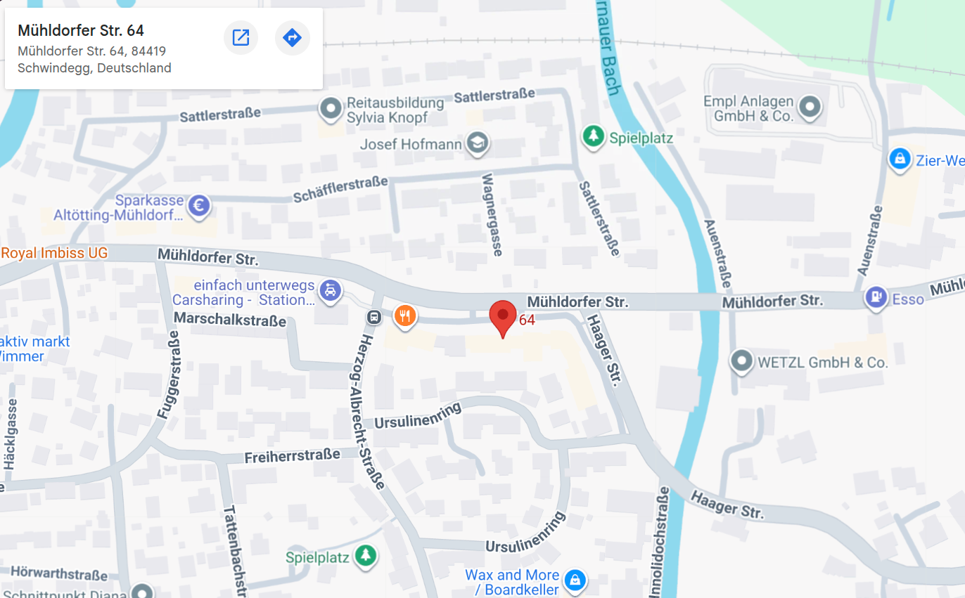 Statische Google-Maps-Karte mit markierter Praxis in Schwindegg, Mühldorfer Straße 64